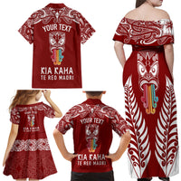 Personalised Kia Kaha Te Reo Maori Family Matching Off Shoulder Maxi Dress and Hawaiian Shirt Hei Tiki Mix Koru - Red LT7 - Polynesian Pride