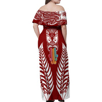 Personalised Kia Kaha Te Reo Maori Family Matching Off Shoulder Maxi Dress and Hawaiian Shirt Hei Tiki Mix Koru - Red LT7 - Polynesian Pride