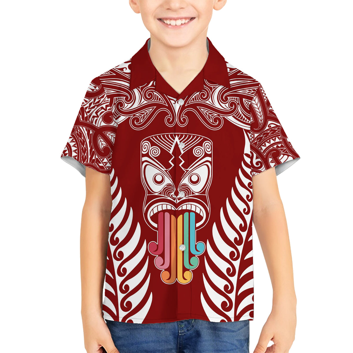 Personalised Kia Kaha Te Reo Maori Family Matching Off Shoulder Maxi Dress and Hawaiian Shirt Hei Tiki Mix Koru - Red LT7 Son's Shirt Red - Polynesian Pride