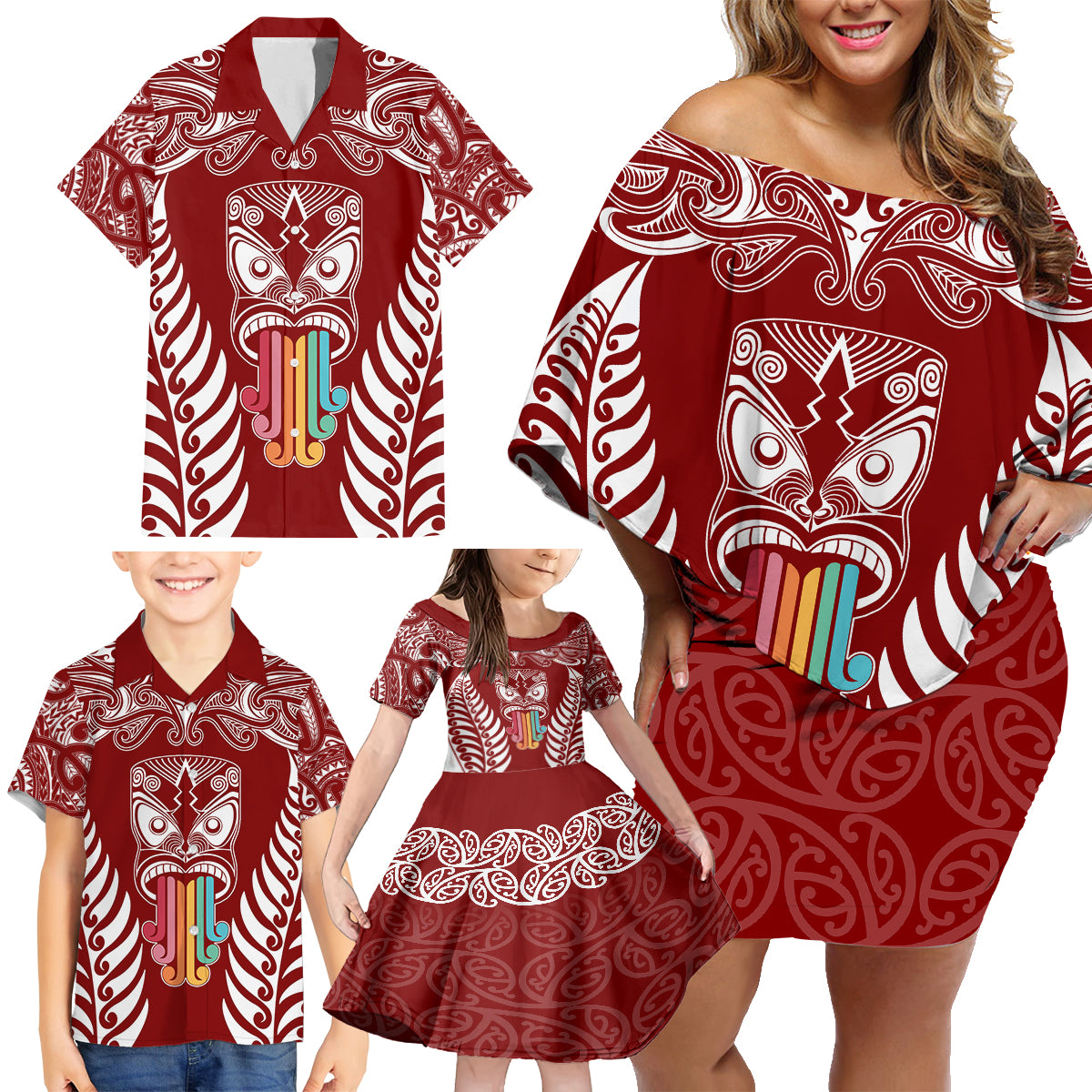 Personalised Kia Kaha Te Reo Maori Family Matching Off Shoulder Short Dress and Hawaiian Shirt Hei Tiki Mix Koru - Red LT7 - Polynesian Pride