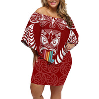 Personalised Kia Kaha Te Reo Maori Family Matching Off Shoulder Short Dress and Hawaiian Shirt Hei Tiki Mix Koru - Red LT7 Mom's Dress Red - Polynesian Pride