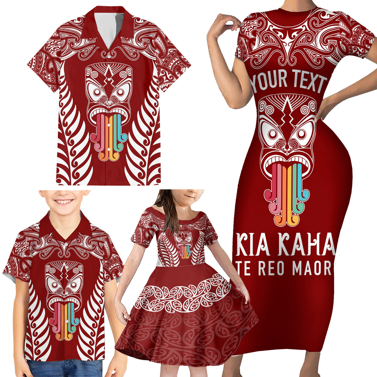 Personalised Kia Kaha Te Reo Maori Family Matching Short Sleeve Bodycon Dress and Hawaiian Shirt Hei Tiki Mix Koru - Red LT7 - Polynesian Pride