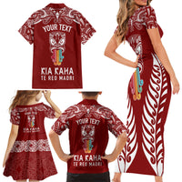 Personalised Kia Kaha Te Reo Maori Family Matching Short Sleeve Bodycon Dress and Hawaiian Shirt Hei Tiki Mix Koru - Red LT7 - Polynesian Pride