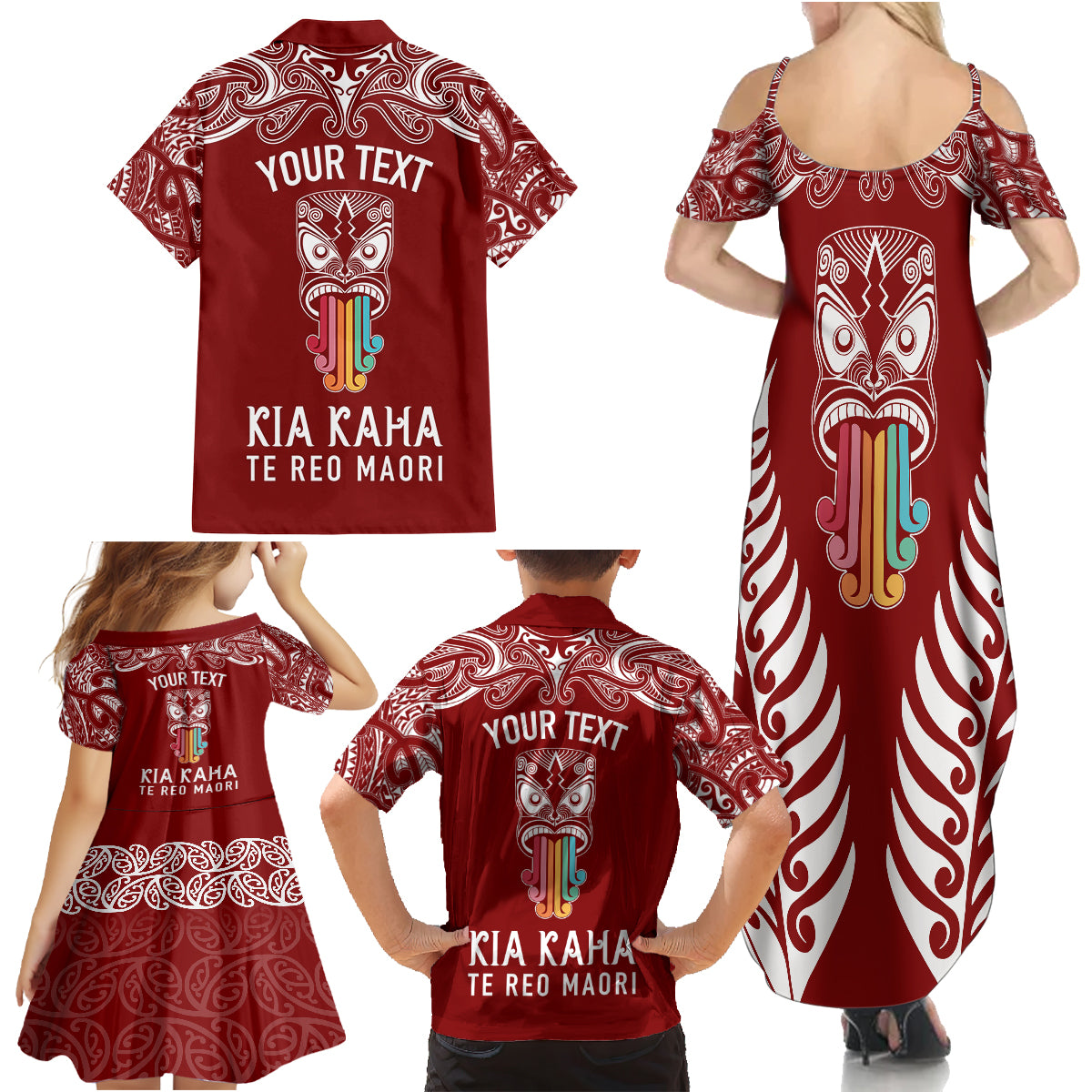 Personalised Kia Kaha Te Reo Maori Family Matching Summer Maxi Dress and Hawaiian Shirt Hei Tiki Mix Koru - Red LT7 - Polynesian Pride