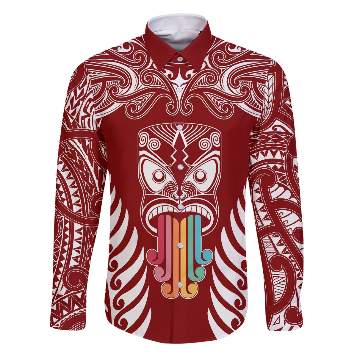 Personalised Kia Kaha Te Reo Maori Family Matching Tank Maxi Dress and Hawaiian Shirt Hei Tiki Mix Koru - Red LT7 Dad's Shirt - Long Sleeve Red - Polynesian Pride