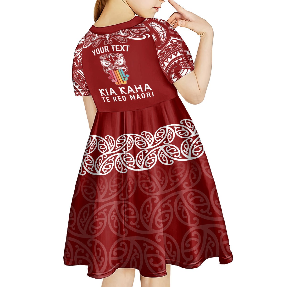 Personalised Kia Kaha Te Reo Maori Kid Short Sleeve Dress Hei Tiki Mix Koru - Red LT7 - Polynesian Pride