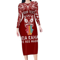 Personalised Kia Kaha Te Reo Maori Long Sleeve Bodycon Dress Hei Tiki Mix Koru - Red LT7 Long Dress Red - Polynesian Pride