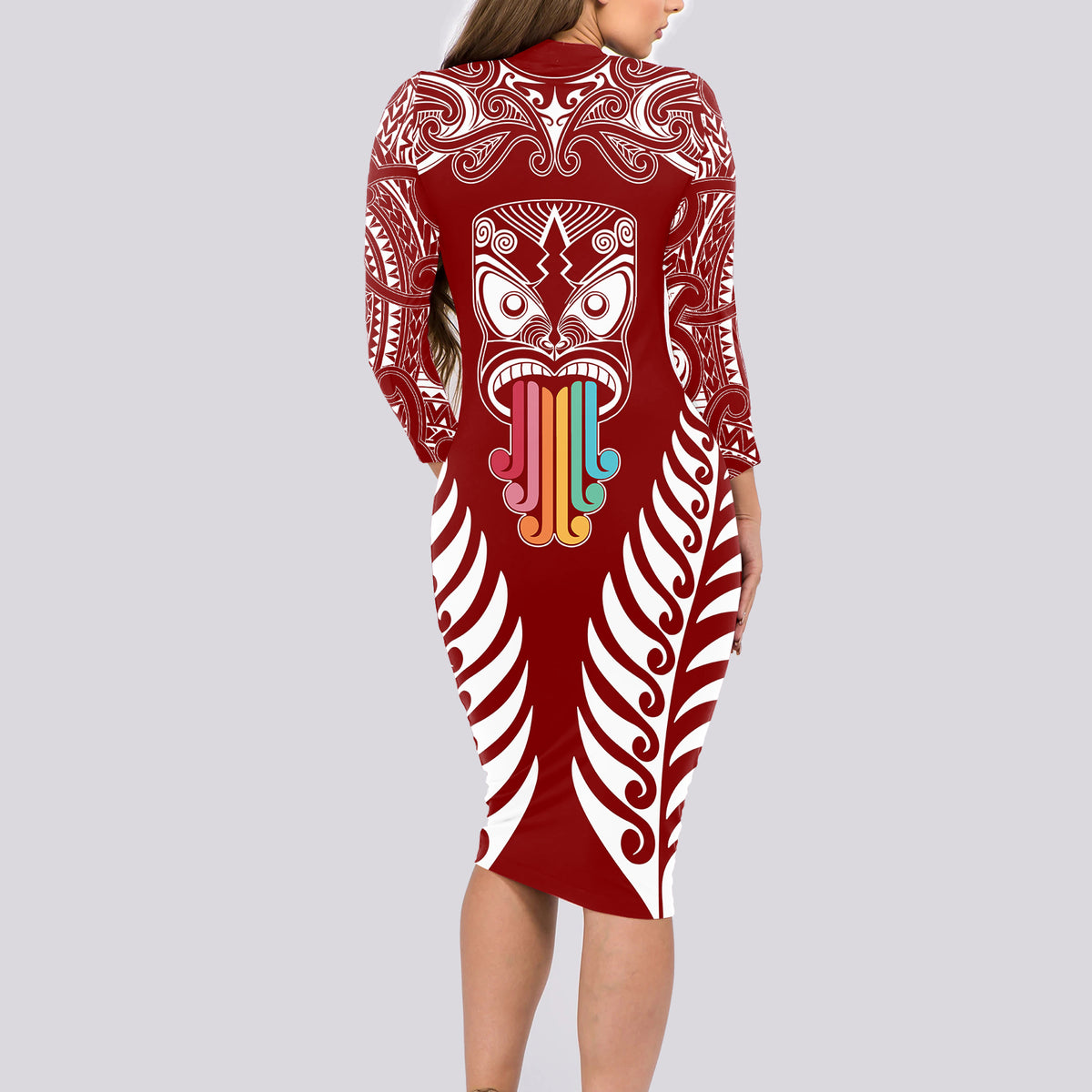 Personalised Kia Kaha Te Reo Maori Long Sleeve Bodycon Dress Hei Tiki Mix Koru - Red LT7 - Polynesian Pride