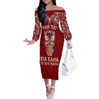 Personalised Kia Kaha Te Reo Maori Off The Shoulder Long Sleeve Dress Hei Tiki Mix Koru - Red LT7 Women Red - Polynesian Pride