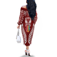 Personalised Kia Kaha Te Reo Maori Off The Shoulder Long Sleeve Dress Hei Tiki Mix Koru - Red LT7 - Polynesian Pride