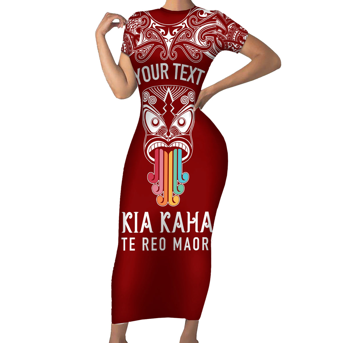 Personalised Kia Kaha Te Reo Maori Short Sleeve Bodycon Dress Hei Tiki Mix Koru - Red LT7 Long Dress Red - Polynesian Pride