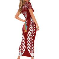 Personalised Kia Kaha Te Reo Maori Short Sleeve Bodycon Dress Hei Tiki Mix Koru - Red LT7 - Polynesian Pride