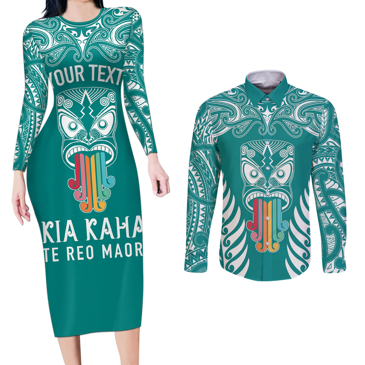 Personalised Kia Kaha Te Reo Maori Couples Matching Long Sleeve Bodycon Dress and Long Sleeve Button Shirts Hei Tiki Mix Koru - Teal LT7 Teal - Polynesian Pride