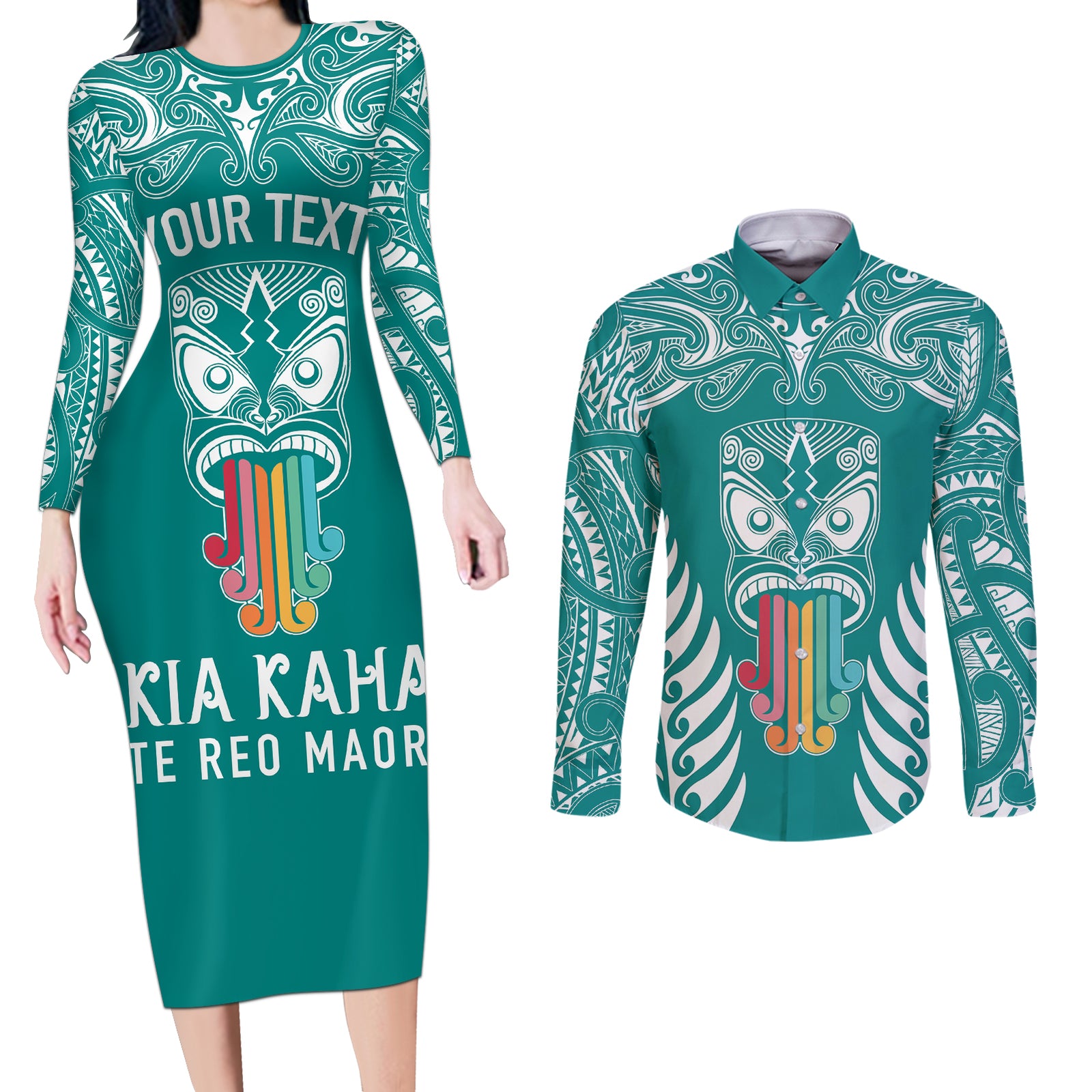 personalised-kia-kaha-te-reo-maori-couples-matching-long-sleeve-bodycon-dress-and-long-sleeve-button-shirts-hei-tiki-mix-koru-teal