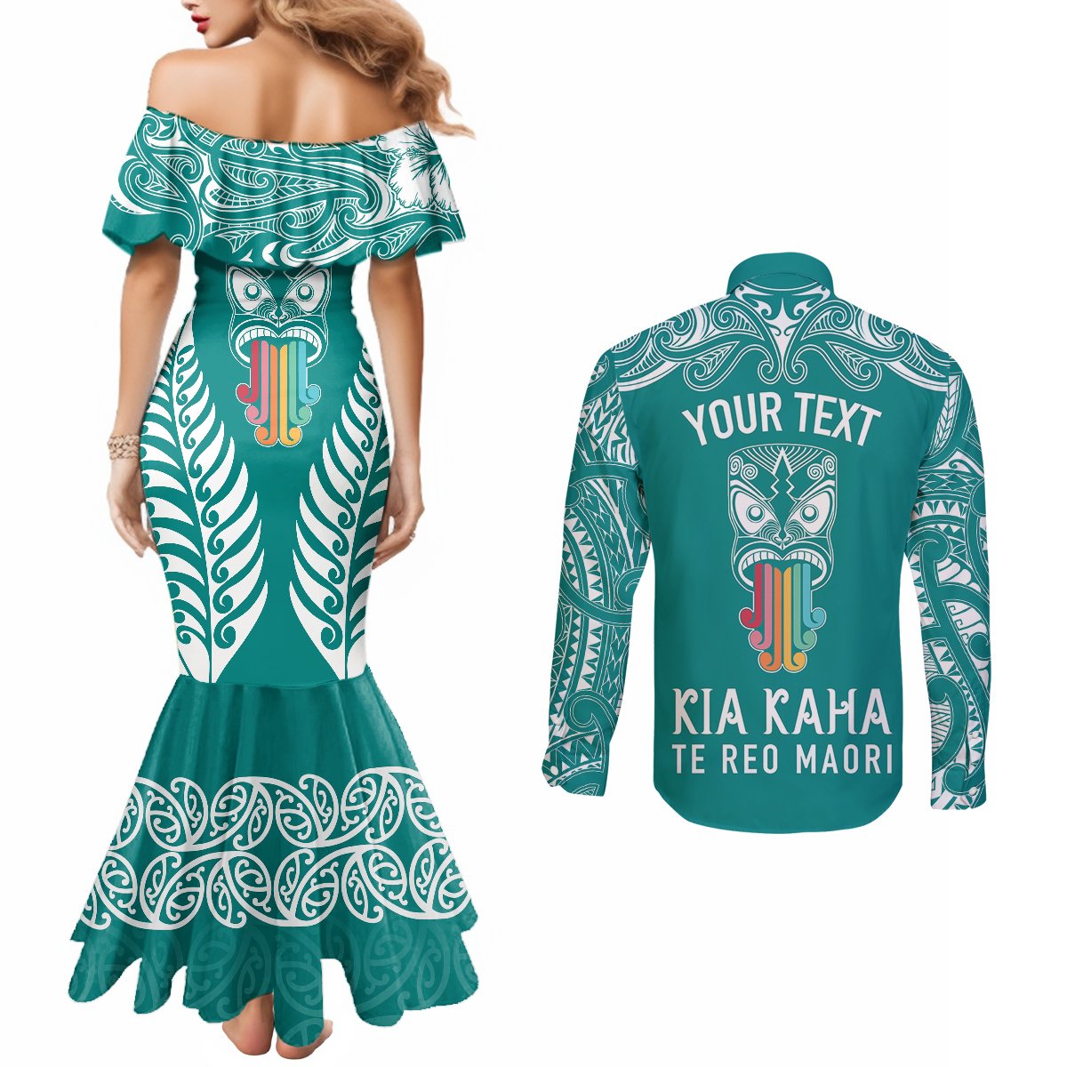 Personalised Kia Kaha Te Reo Maori Couples Matching Mermaid Dress and Long Sleeve Button Shirts Hei Tiki Mix Koru - Teal LT7 - Polynesian Pride