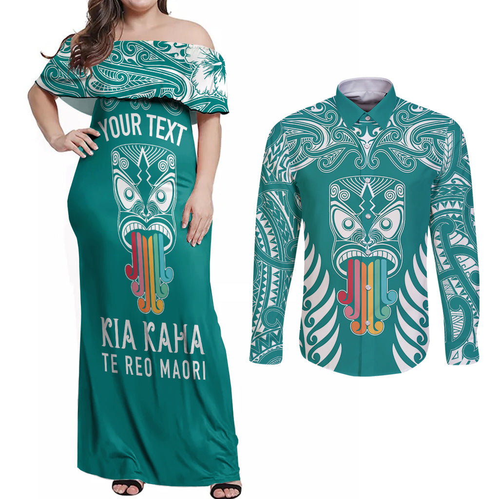Personalised Kia Kaha Te Reo Maori Couples Matching Off Shoulder Maxi Dress and Long Sleeve Button Shirts Hei Tiki Mix Koru - Teal LT7 Teal - Polynesian Pride