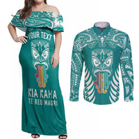 Personalised Kia Kaha Te Reo Maori Couples Matching Off Shoulder Maxi Dress and Long Sleeve Button Shirts Hei Tiki Mix Koru - Teal LT7 Teal - Polynesian Pride