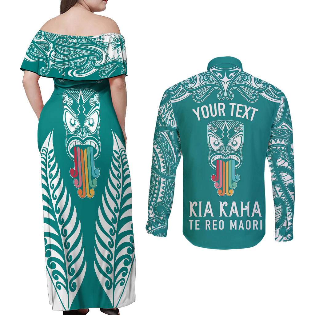 Personalised Kia Kaha Te Reo Maori Couples Matching Off Shoulder Maxi Dress and Long Sleeve Button Shirts Hei Tiki Mix Koru - Teal LT7 - Polynesian Pride