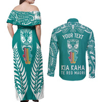 Personalised Kia Kaha Te Reo Maori Couples Matching Off Shoulder Maxi Dress and Long Sleeve Button Shirts Hei Tiki Mix Koru - Teal LT7 - Polynesian Pride