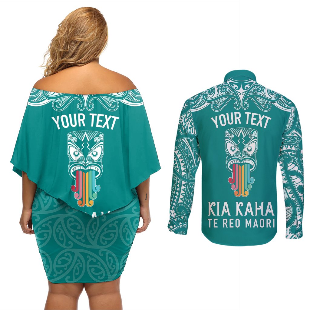 Personalised Kia Kaha Te Reo Maori Couples Matching Off Shoulder Short Dress and Long Sleeve Button Shirts Hei Tiki Mix Koru - Teal LT7 - Polynesian Pride