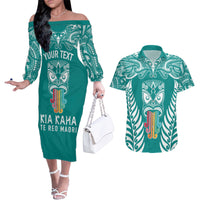 Personalised Kia Kaha Te Reo Maori Couples Matching Off The Shoulder Long Sleeve Dress and Hawaiian Shirt Hei Tiki Mix Koru - Teal LT7 Teal - Polynesian Pride