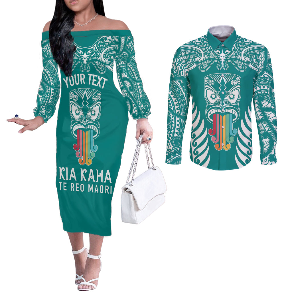 Personalised Kia Kaha Te Reo Maori Couples Matching Off The Shoulder Long Sleeve Dress and Long Sleeve Button Shirts Hei Tiki Mix Koru - Teal LT7 Teal - Polynesian Pride