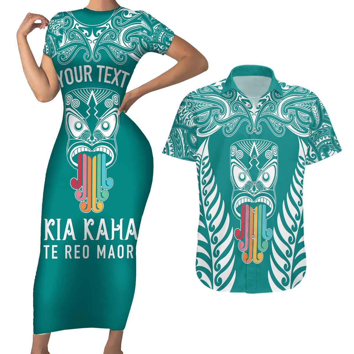 Personalised Kia Kaha Te Reo Maori Couples Matching Short Sleeve Bodycon Dress and Hawaiian Shirt Hei Tiki Mix Koru - Teal LT7 Teal - Polynesian Pride