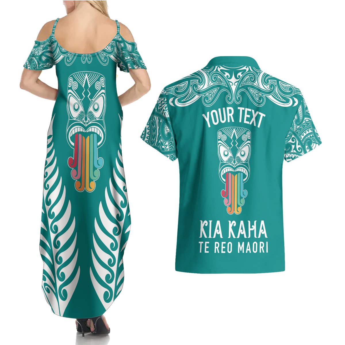Personalised Kia Kaha Te Reo Maori Couples Matching Summer Maxi Dress and Hawaiian Shirt Hei Tiki Mix Koru - Teal LT7 - Polynesian Pride