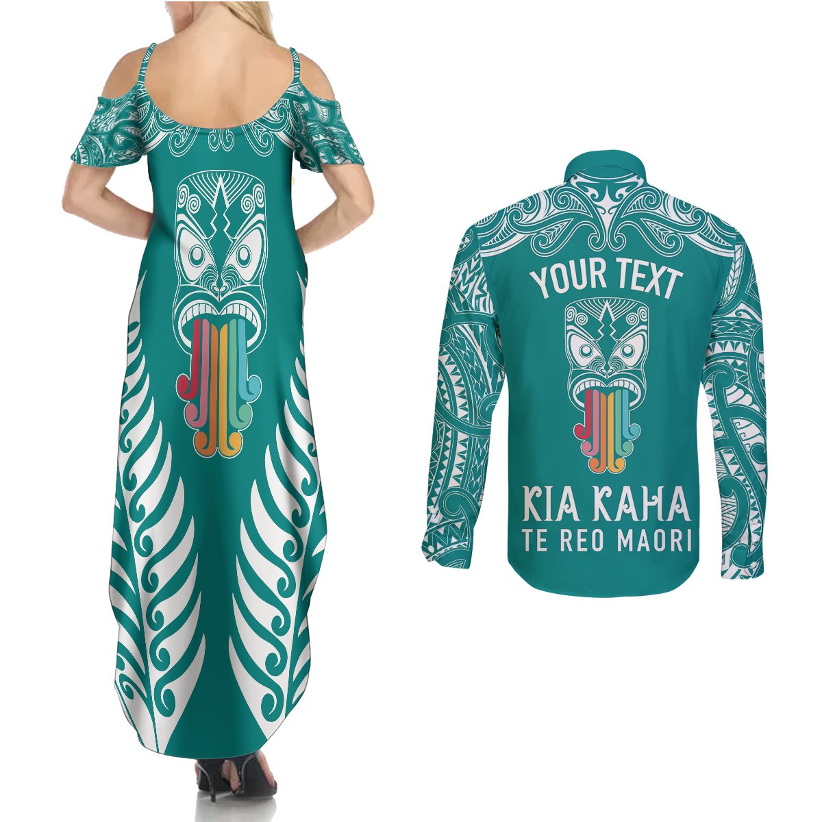 Personalised Kia Kaha Te Reo Maori Couples Matching Summer Maxi Dress and Long Sleeve Button Shirts Hei Tiki Mix Koru - Teal LT7 - Polynesian Pride