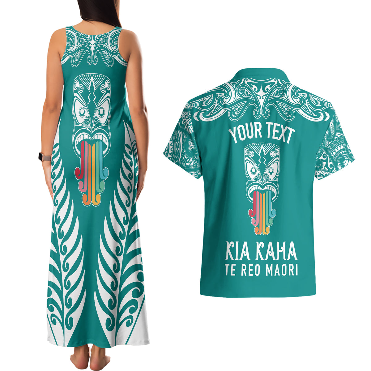 Personalised Kia Kaha Te Reo Maori Couples Matching Tank Maxi Dress and Hawaiian Shirt Hei Tiki Mix Koru - Teal LT7 - Polynesian Pride