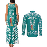 Personalised Kia Kaha Te Reo Maori Couples Matching Tank Maxi Dress and Long Sleeve Button Shirts Hei Tiki Mix Koru - Teal LT7 - Polynesian Pride