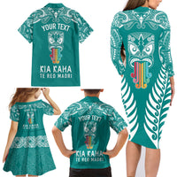 Personalised Kia Kaha Te Reo Maori Family Matching Long Sleeve Bodycon Dress and Hawaiian Shirt Hei Tiki Mix Koru - Teal LT7 - Polynesian Pride