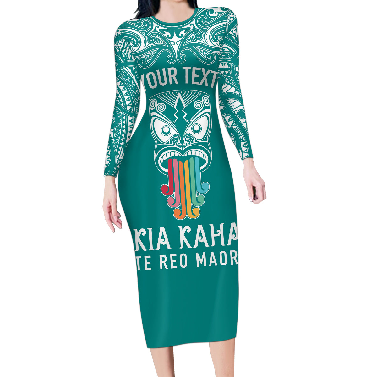 Personalised Kia Kaha Te Reo Maori Family Matching Long Sleeve Bodycon Dress and Hawaiian Shirt Hei Tiki Mix Koru - Teal LT7 Mom's Dress Teal - Polynesian Pride