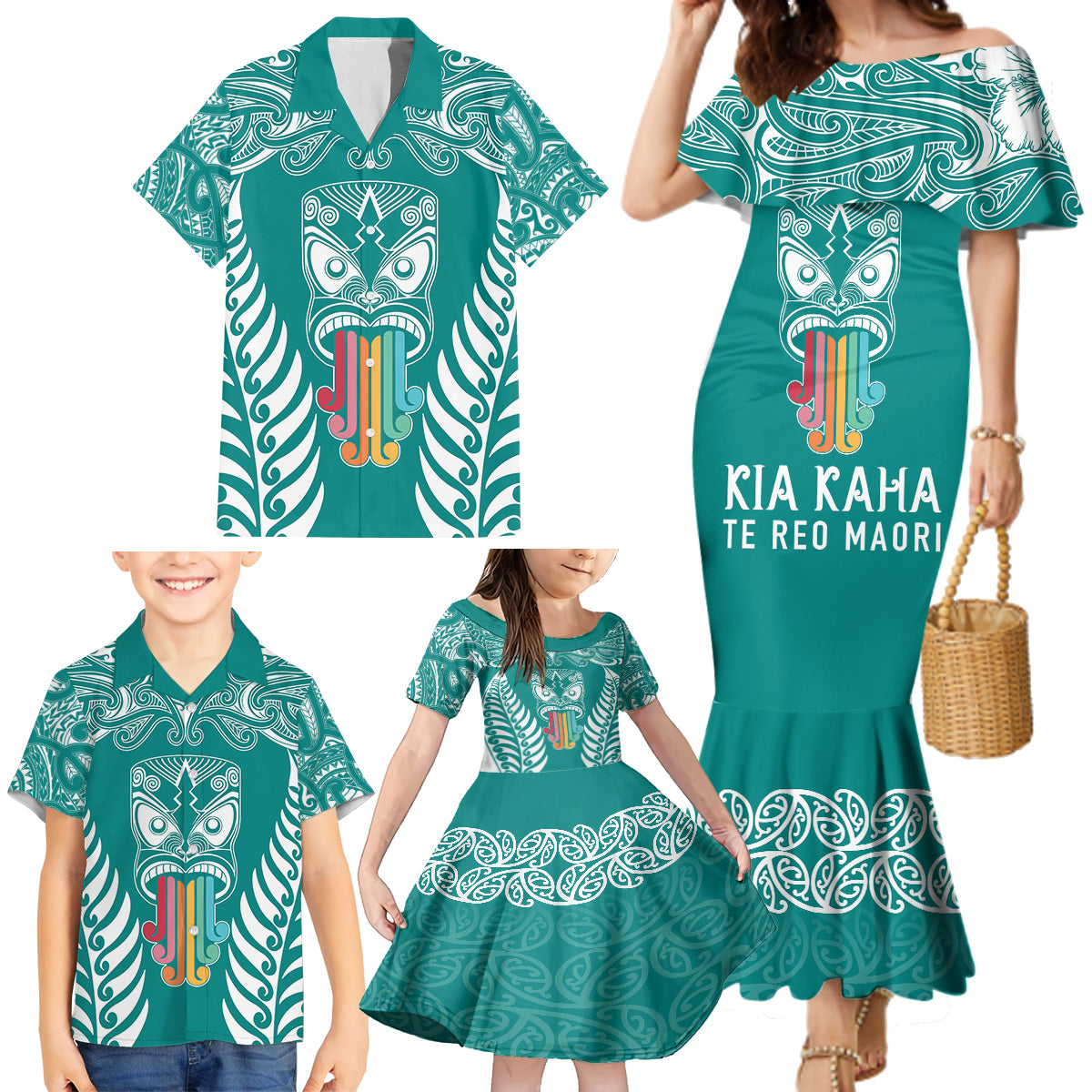 Personalised Kia Kaha Te Reo Maori Family Matching Mermaid Dress and Hawaiian Shirt Hei Tiki Mix Koru - Teal LT7 - Polynesian Pride