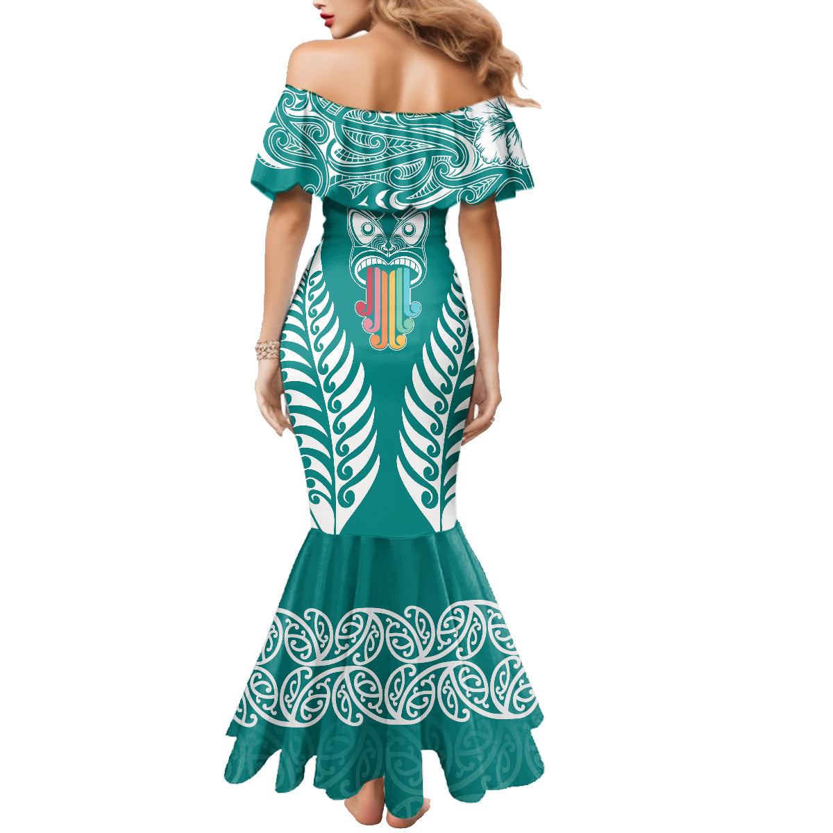 Personalised Kia Kaha Te Reo Maori Family Matching Mermaid Dress and Hawaiian Shirt Hei Tiki Mix Koru - Teal LT7 - Polynesian Pride