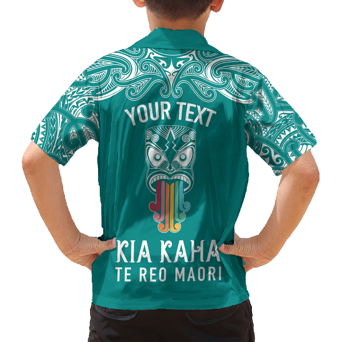 Personalised Kia Kaha Te Reo Maori Family Matching Off Shoulder Long Sleeve Dress and Hawaiian Shirt Hei Tiki Mix Koru - Teal LT7 - Polynesian Pride