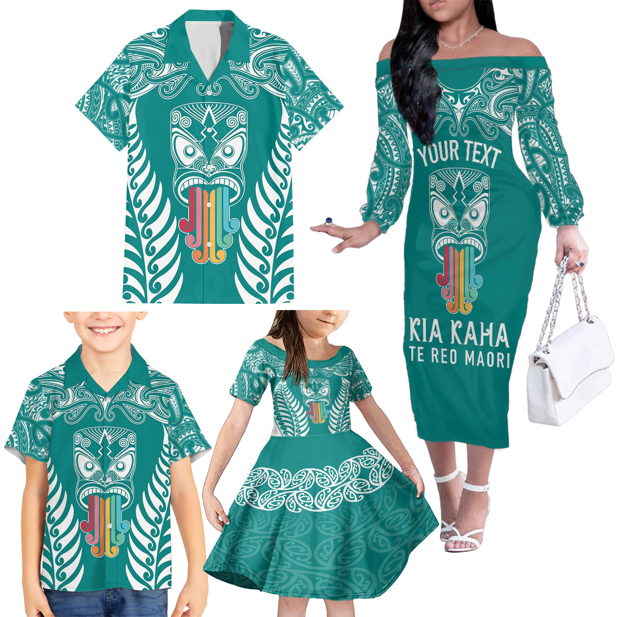 Personalised Kia Kaha Te Reo Maori Family Matching Off Shoulder Long Sleeve Dress and Hawaiian Shirt Hei Tiki Mix Koru - Teal LT7 - Polynesian Pride