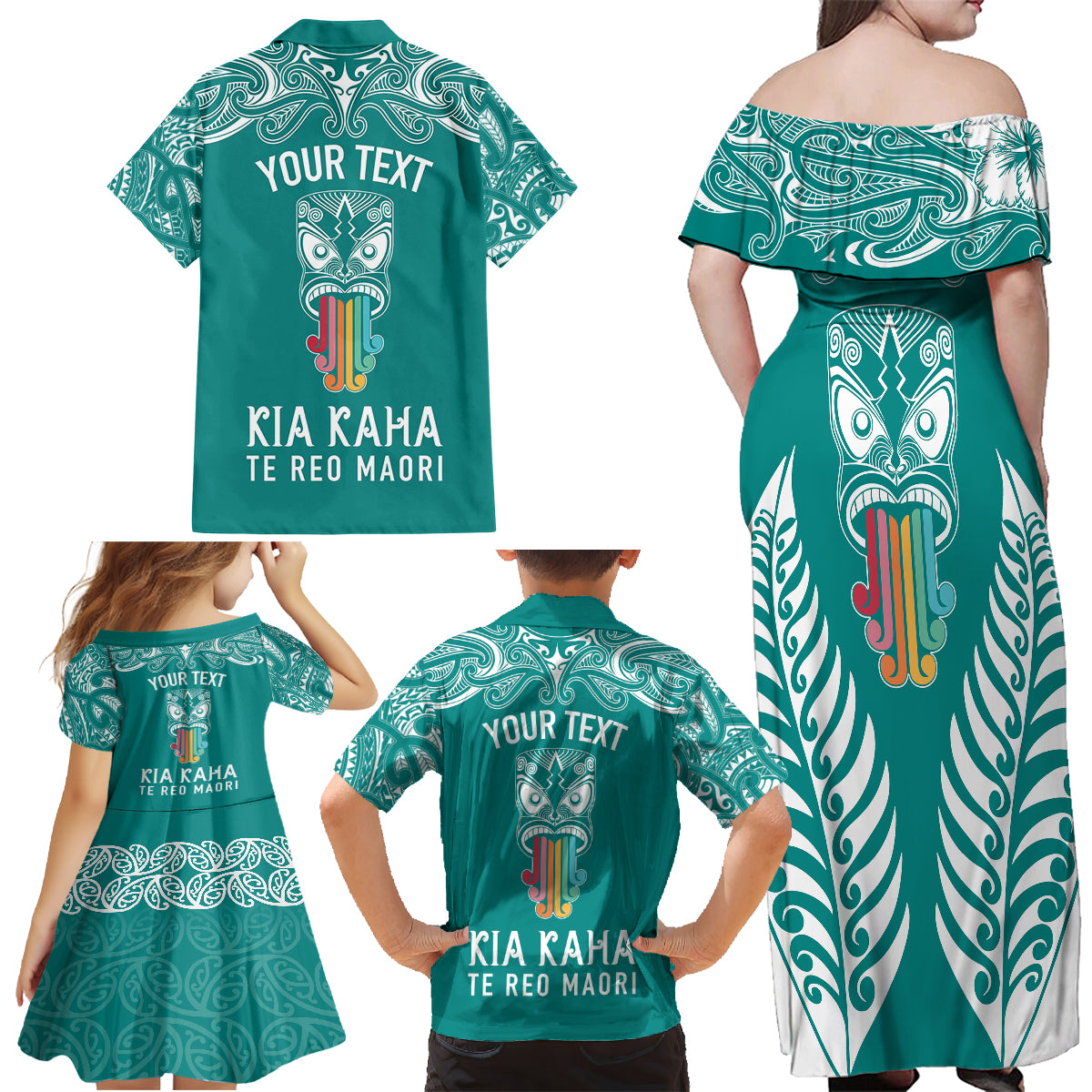 Personalised Kia Kaha Te Reo Maori Family Matching Off Shoulder Long Sleeve Dress and Hawaiian Shirt Hei Tiki Mix Koru - Teal LT7 - Polynesian Pride