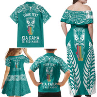 Personalised Kia Kaha Te Reo Maori Family Matching Off Shoulder Long Sleeve Dress and Hawaiian Shirt Hei Tiki Mix Koru - Teal LT7 - Polynesian Pride