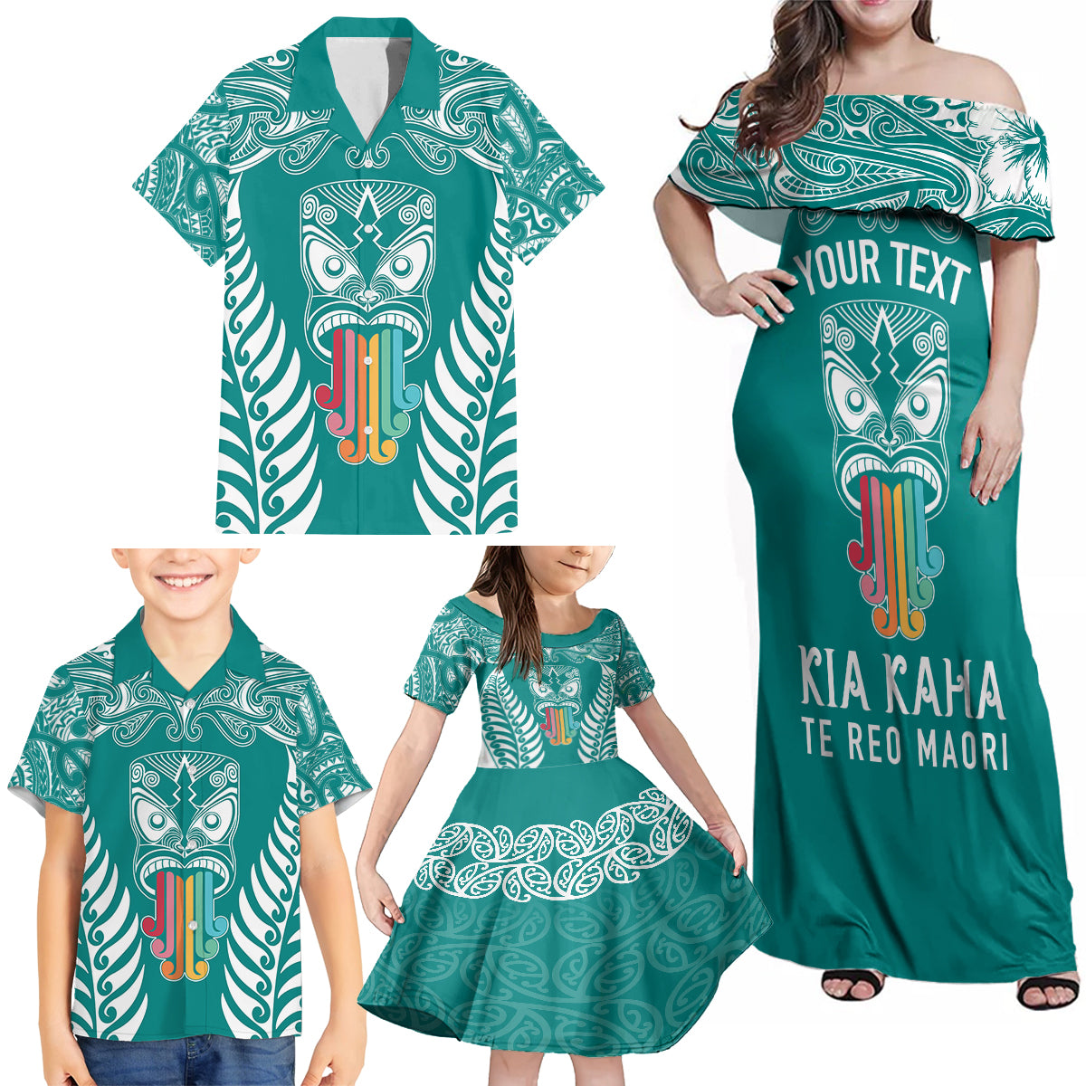Personalised Kia Kaha Te Reo Maori Family Matching Off Shoulder Maxi Dress and Hawaiian Shirt Hei Tiki Mix Koru - Teal LT7 - Polynesian Pride