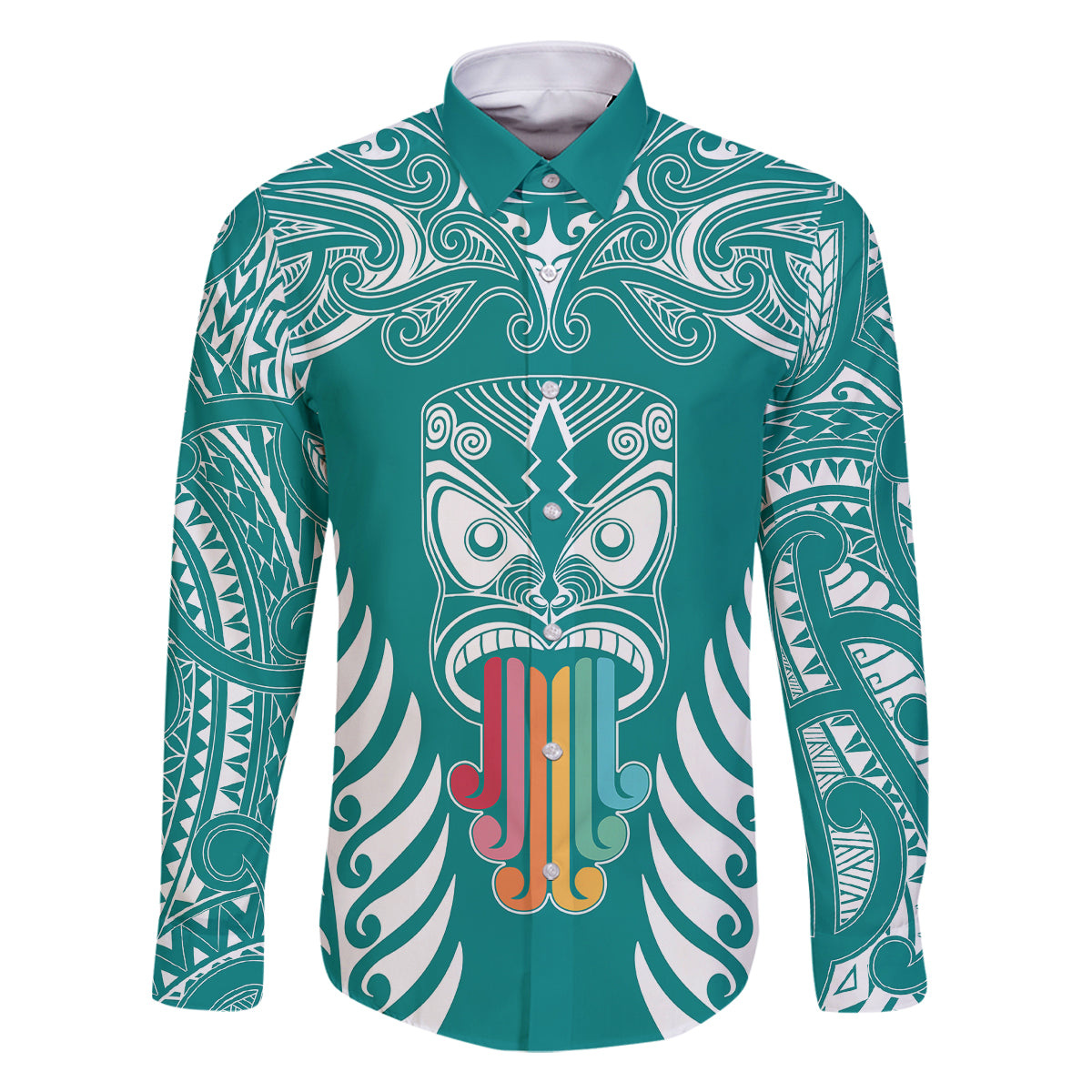 Personalised Kia Kaha Te Reo Maori Family Matching Off Shoulder Maxi Dress and Hawaiian Shirt Hei Tiki Mix Koru - Teal LT7 Dad's Shirt - Short Sleeve Teal - Polynesian Pride
