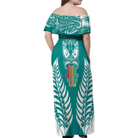 Personalised Kia Kaha Te Reo Maori Family Matching Off Shoulder Maxi Dress and Hawaiian Shirt Hei Tiki Mix Koru - Teal LT7 - Polynesian Pride