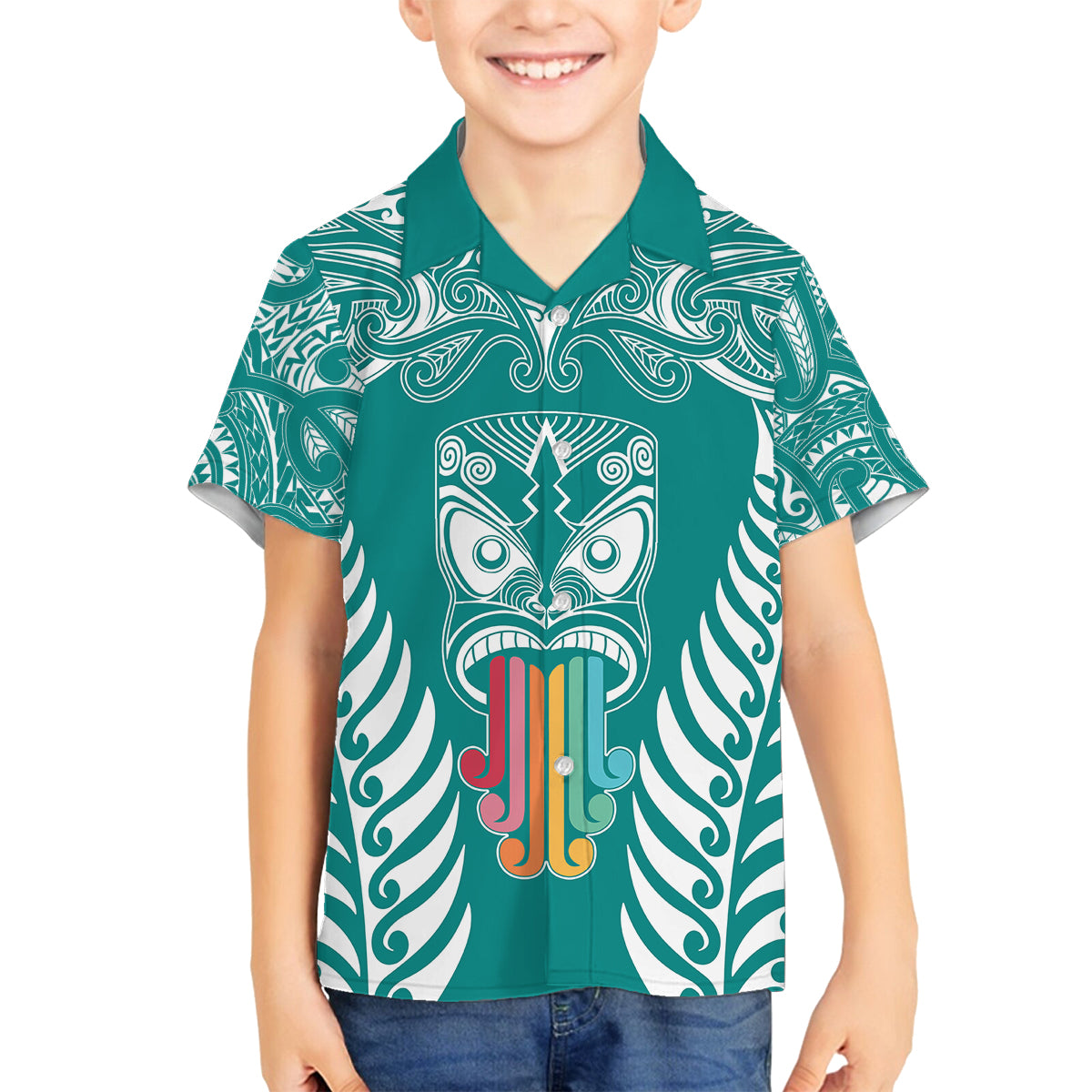 Personalised Kia Kaha Te Reo Maori Family Matching Off Shoulder Maxi Dress and Hawaiian Shirt Hei Tiki Mix Koru - Teal LT7 Son's Shirt Teal - Polynesian Pride