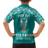 Personalised Kia Kaha Te Reo Maori Family Matching Off Shoulder Short Dress and Hawaiian Shirt Hei Tiki Mix Koru - Teal LT7 - Polynesian Pride