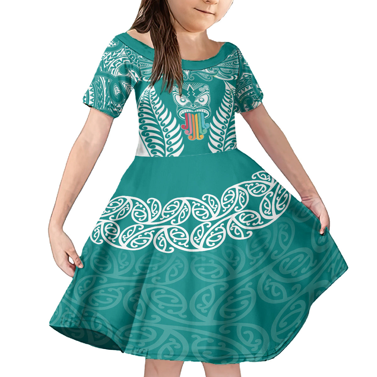 Personalised Kia Kaha Te Reo Maori Family Matching Off Shoulder Short Dress and Hawaiian Shirt Hei Tiki Mix Koru - Teal LT7 Daughter's Dress Teal - Polynesian Pride
