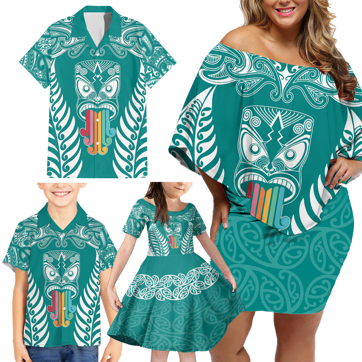 Personalised Kia Kaha Te Reo Maori Family Matching Off Shoulder Short Dress and Hawaiian Shirt Hei Tiki Mix Koru - Teal LT7 - Polynesian Pride