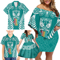 Personalised Kia Kaha Te Reo Maori Family Matching Off Shoulder Short Dress and Hawaiian Shirt Hei Tiki Mix Koru - Teal LT7 - Polynesian Pride