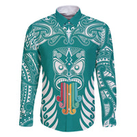 Personalised Kia Kaha Te Reo Maori Family Matching Off Shoulder Short Dress and Hawaiian Shirt Hei Tiki Mix Koru - Teal LT7 Dad's Shirt - Long Sleeve Teal - Polynesian Pride