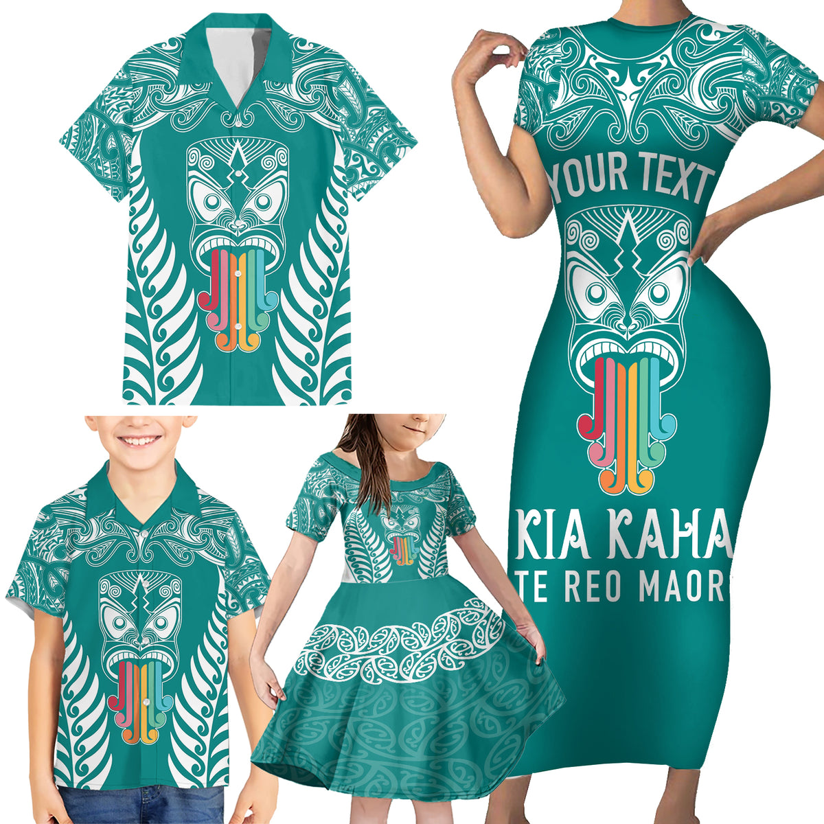 Personalised Kia Kaha Te Reo Maori Family Matching Short Sleeve Bodycon Dress and Hawaiian Shirt Hei Tiki Mix Koru - Teal LT7 - Polynesian Pride