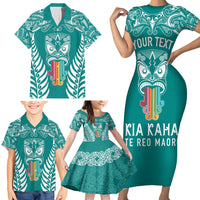 Personalised Kia Kaha Te Reo Maori Family Matching Short Sleeve Bodycon Dress and Hawaiian Shirt Hei Tiki Mix Koru - Teal LT7 - Polynesian Pride